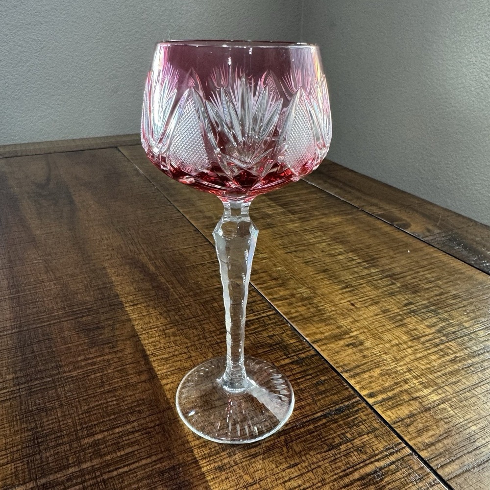 Crystal Cut to Clear Cranberry 8"  Fan & Diamond Wine Hocks: MINT‎